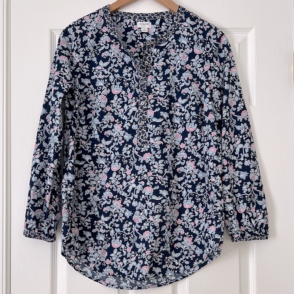 J Crew Cotton Floral Top Floral Long Sleeve Blue Size S